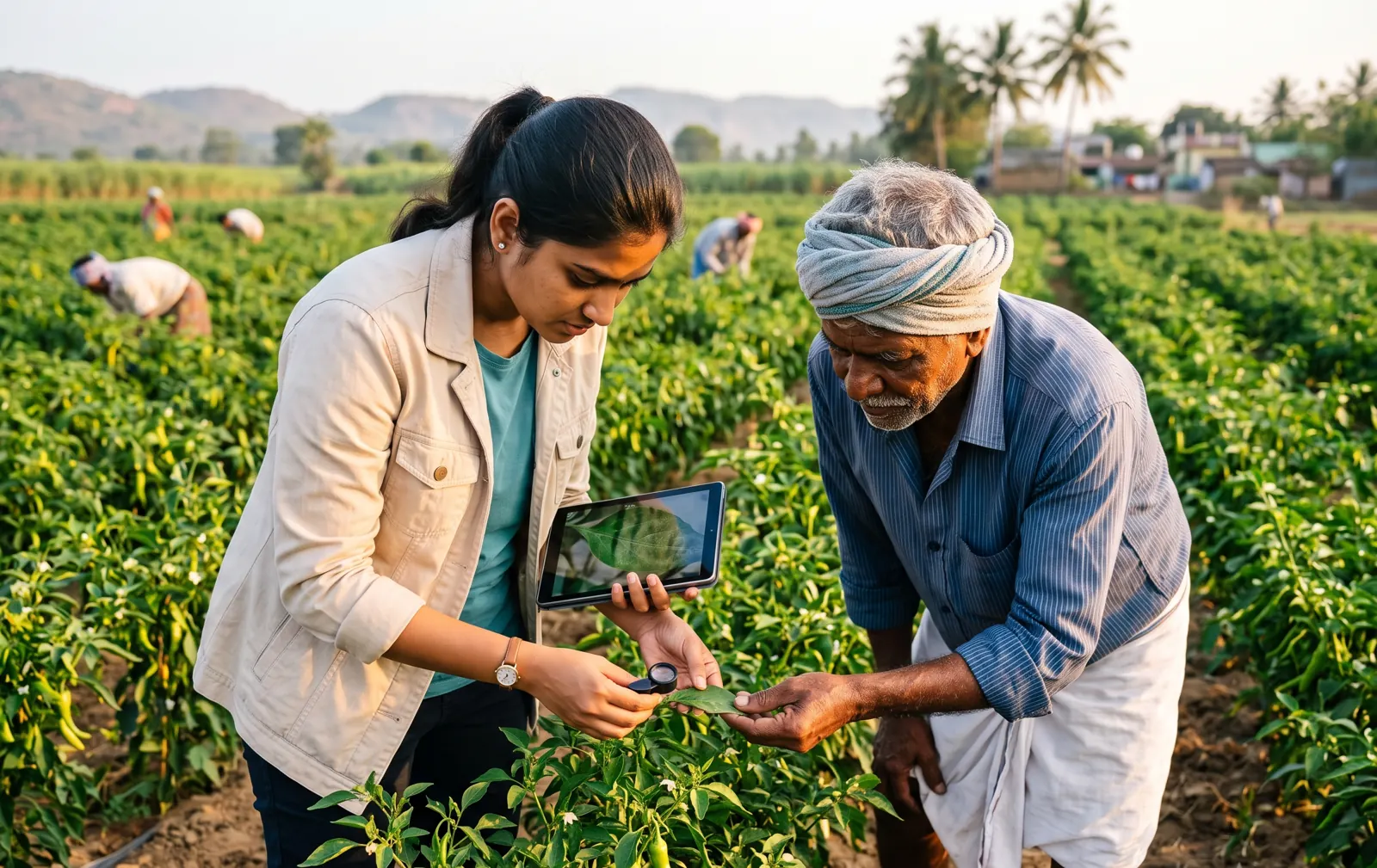 An agronomist examines a chilli plant leaf with a magnifier alongside a farmer in his field, holding a tablet showing the leaf