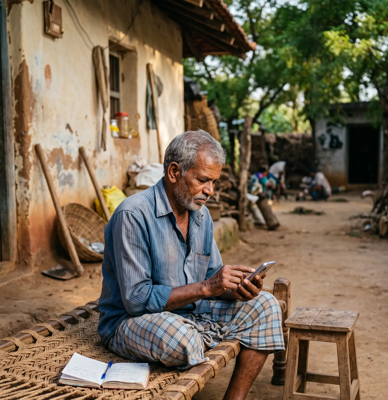 An elderly farmer sits on a rope cot outside his village home, recording farm expenses on his phone with a notebook beside him