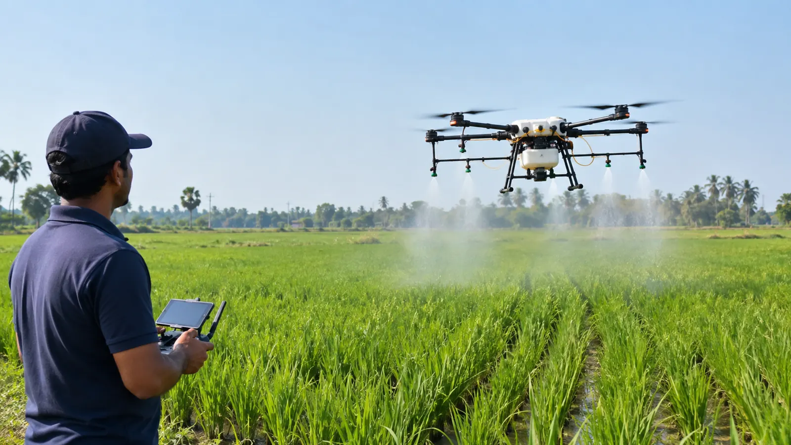 A drone operator with a remote controller watches an agricultural drone spraying a green paddy field