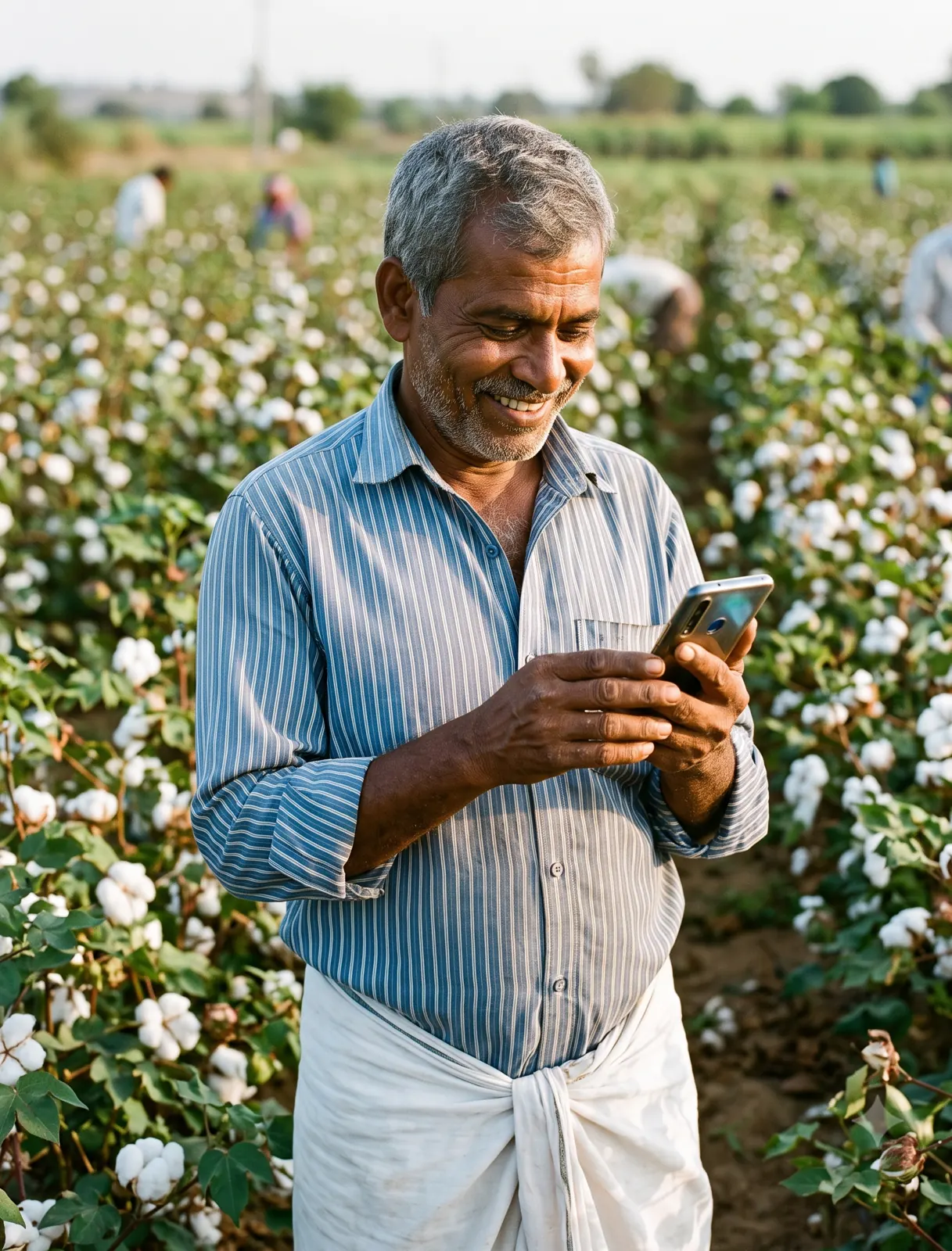 A smiling farmer in a cotton field using a smartphone