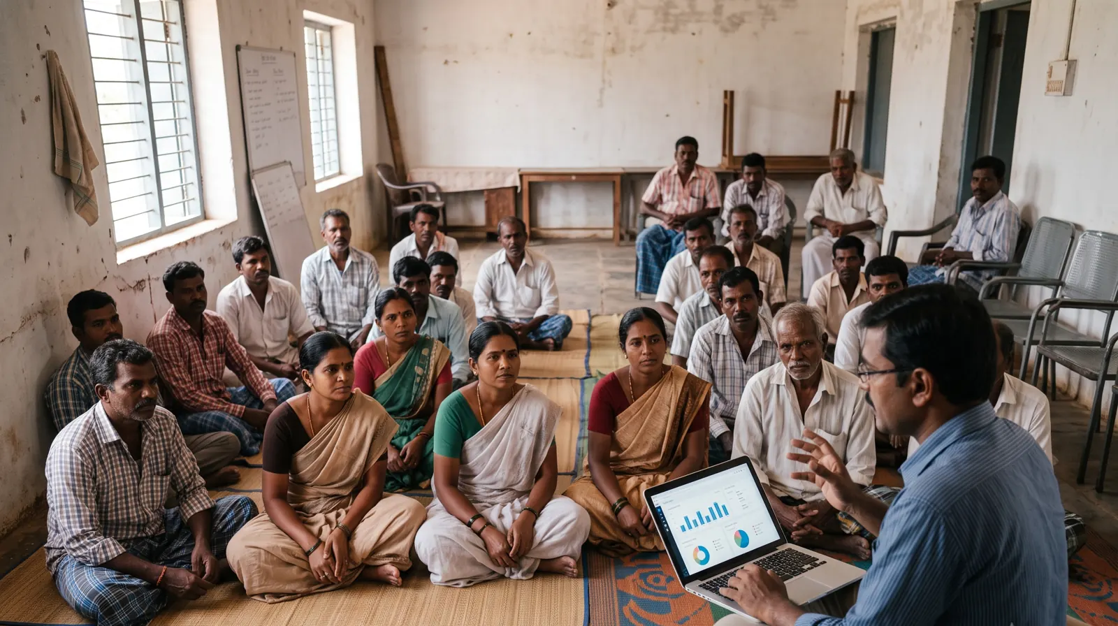 Farmers of a producer organization seated in a village hall while a coordinator presents a dashboard on a laptop