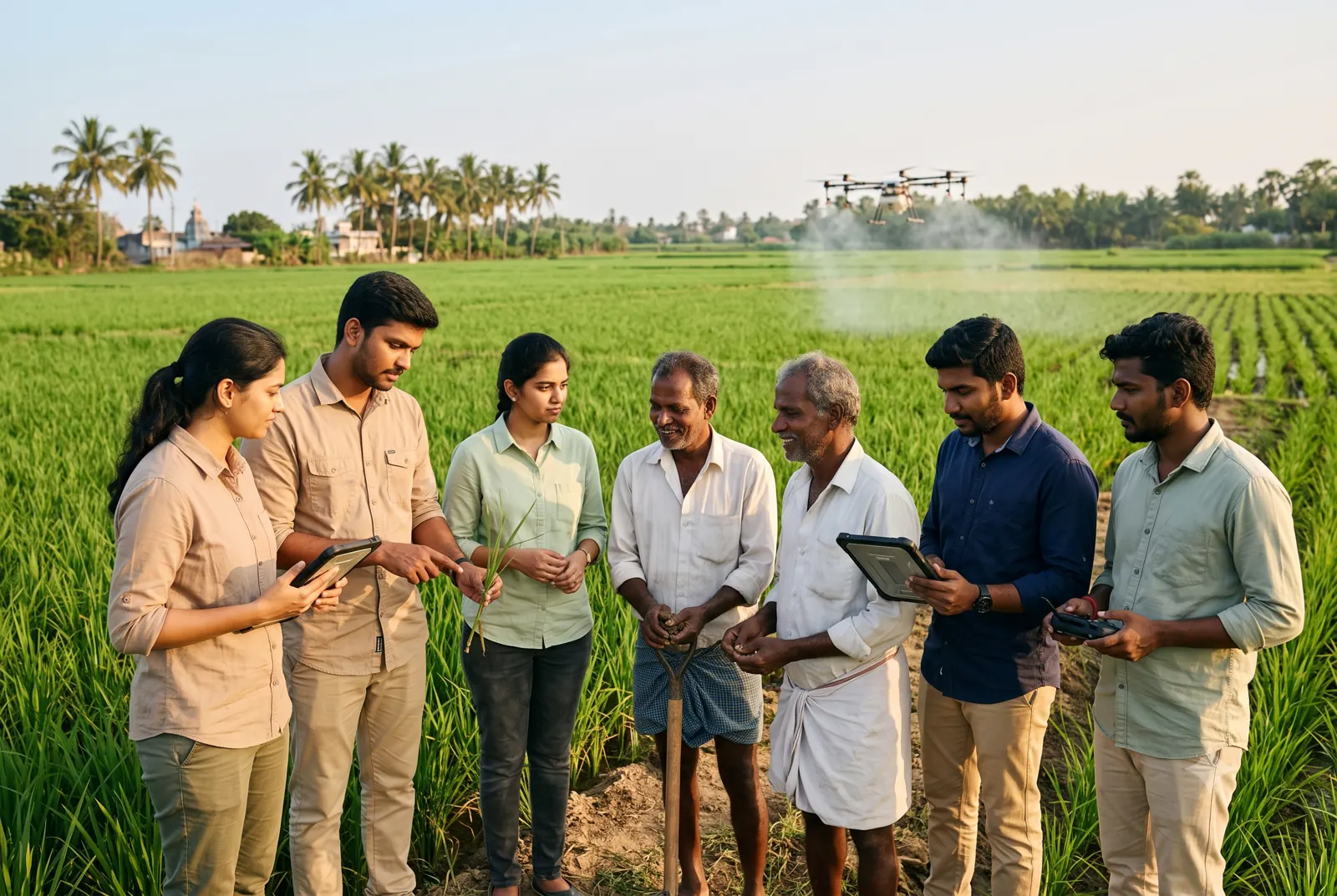 Field and technology staff with tablets and a drone controller discussing a paddy crop with two farmers