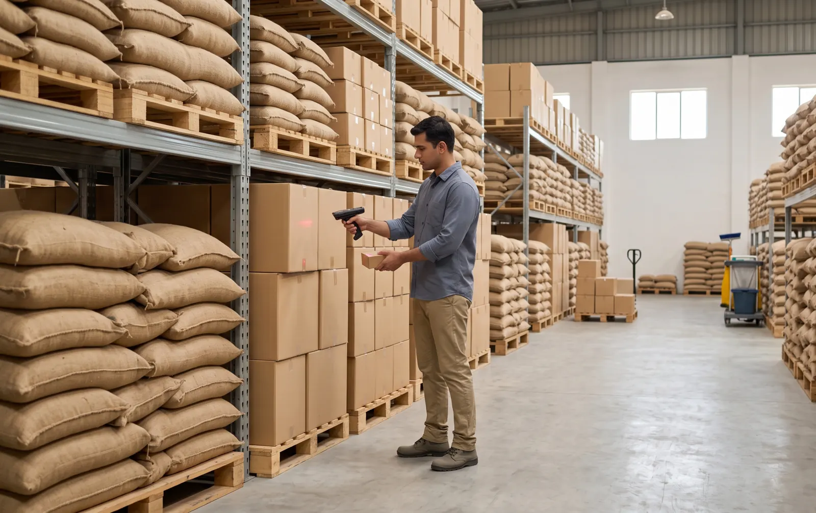 A warehouse worker scans boxes of agricultural inputs on organized pallet racks with stacked sacks